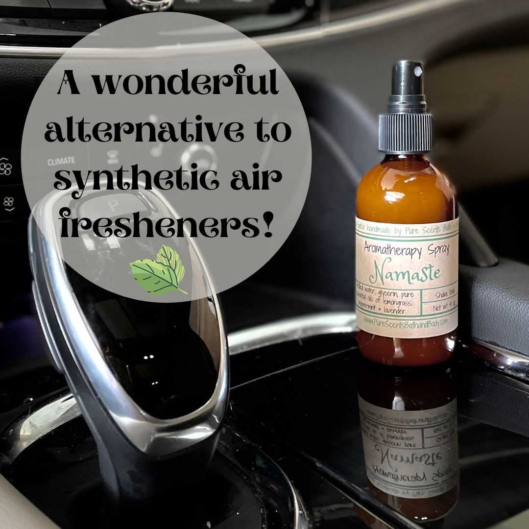 All natural aromatherapy spray being used as a car air freshener