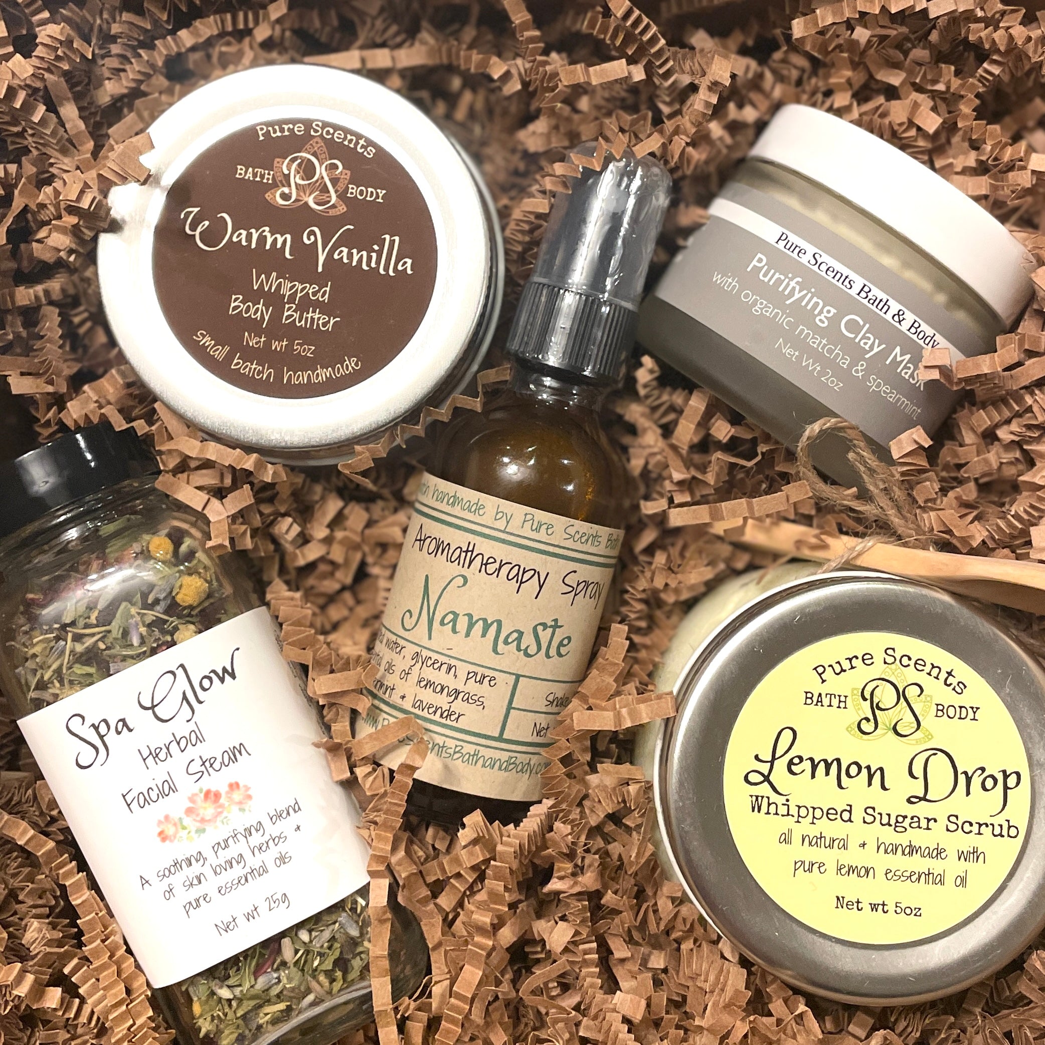 Collection of all natural handmade bath and body products and skincare from Pure Scents Bath and Body