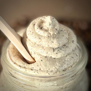 Jar of whipped sugar scrub exfoliating and moisturizing, handmade and all0-natural