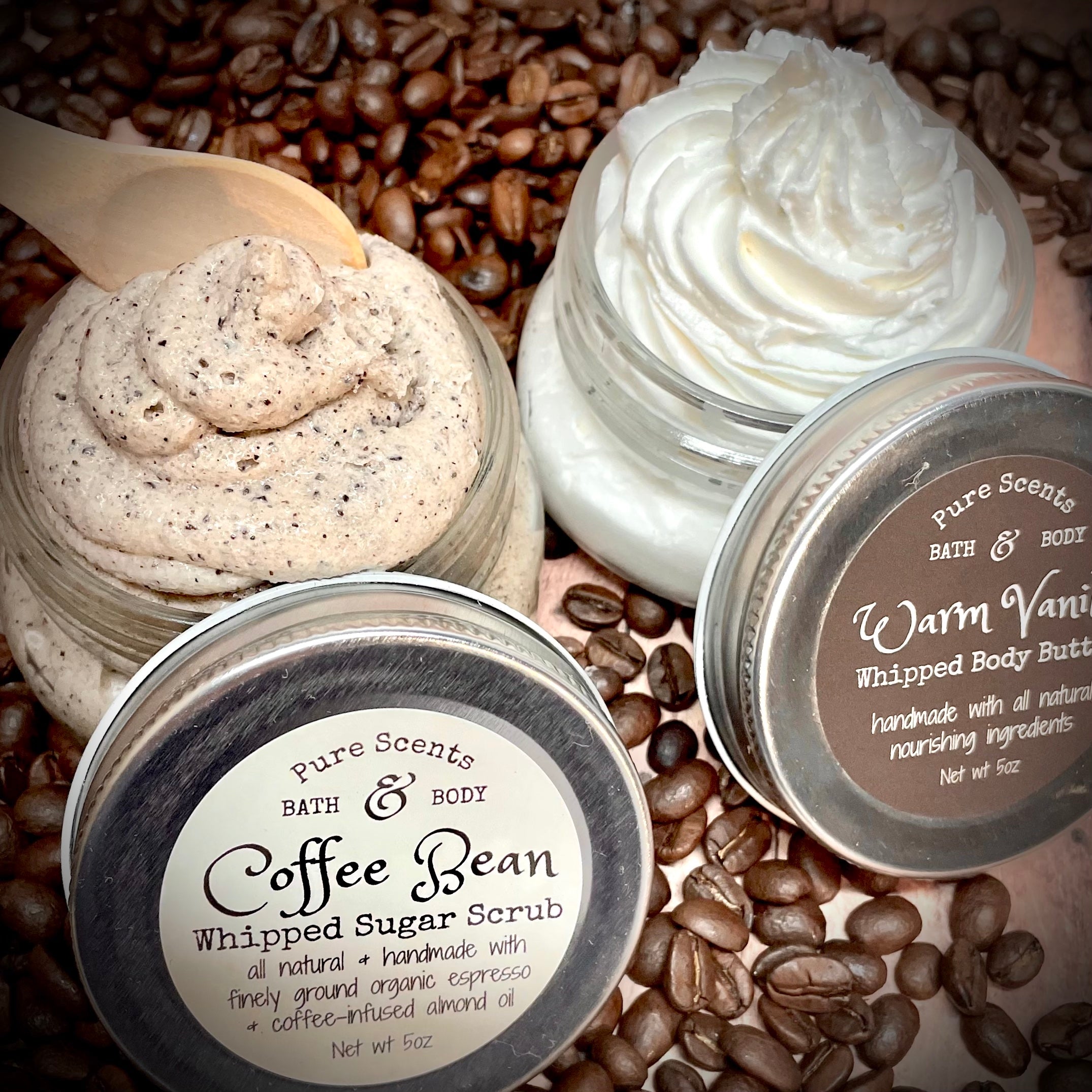 "Coffee Shop" gift set with coffee bean whipped sugar scrub and warm vanilla whipped body butter. Natural, handmade, vegan, eco-friendlyand cruelty free  Edit alt text