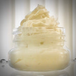 jar of whipped vanilla body butter in eco-friendly glass jar. Vegan, eco-friendly and cruelty-free