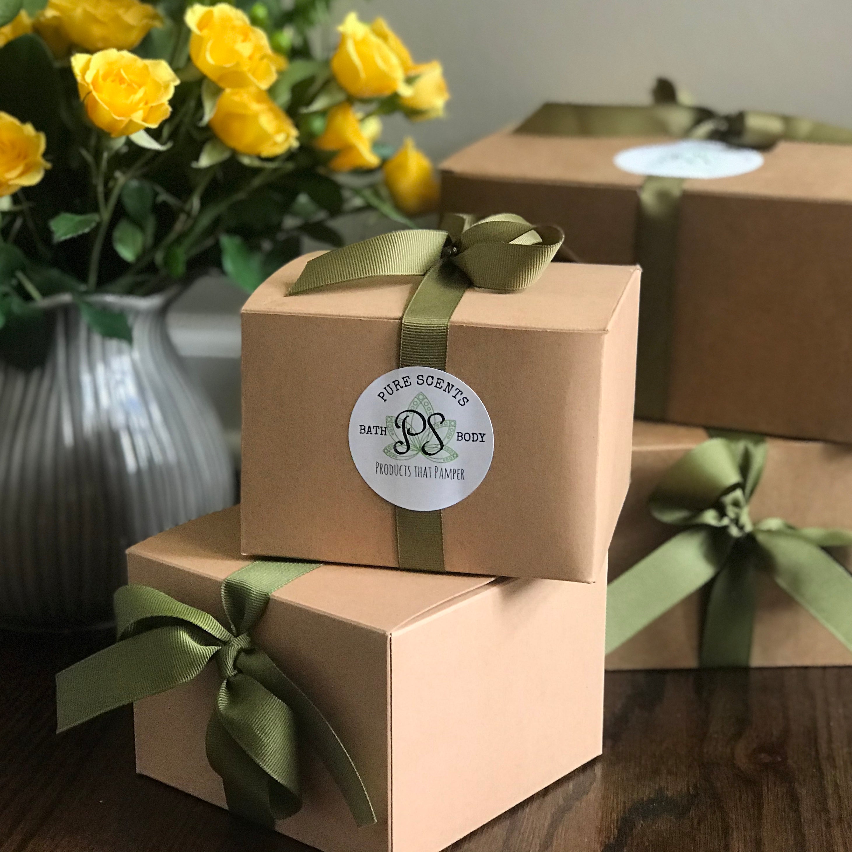 Beautiful branded gift boxes made by Pure Scents Bath and Body