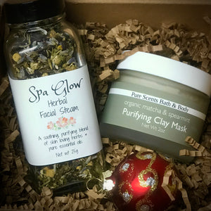 Herbal Dreams mini gift set with Spa Glow Herbal Facial Steam Treatment Organic Tea and Purifying Matcha Green Tea and Spearmint Clay Mask by Pure Scents Bath and Body