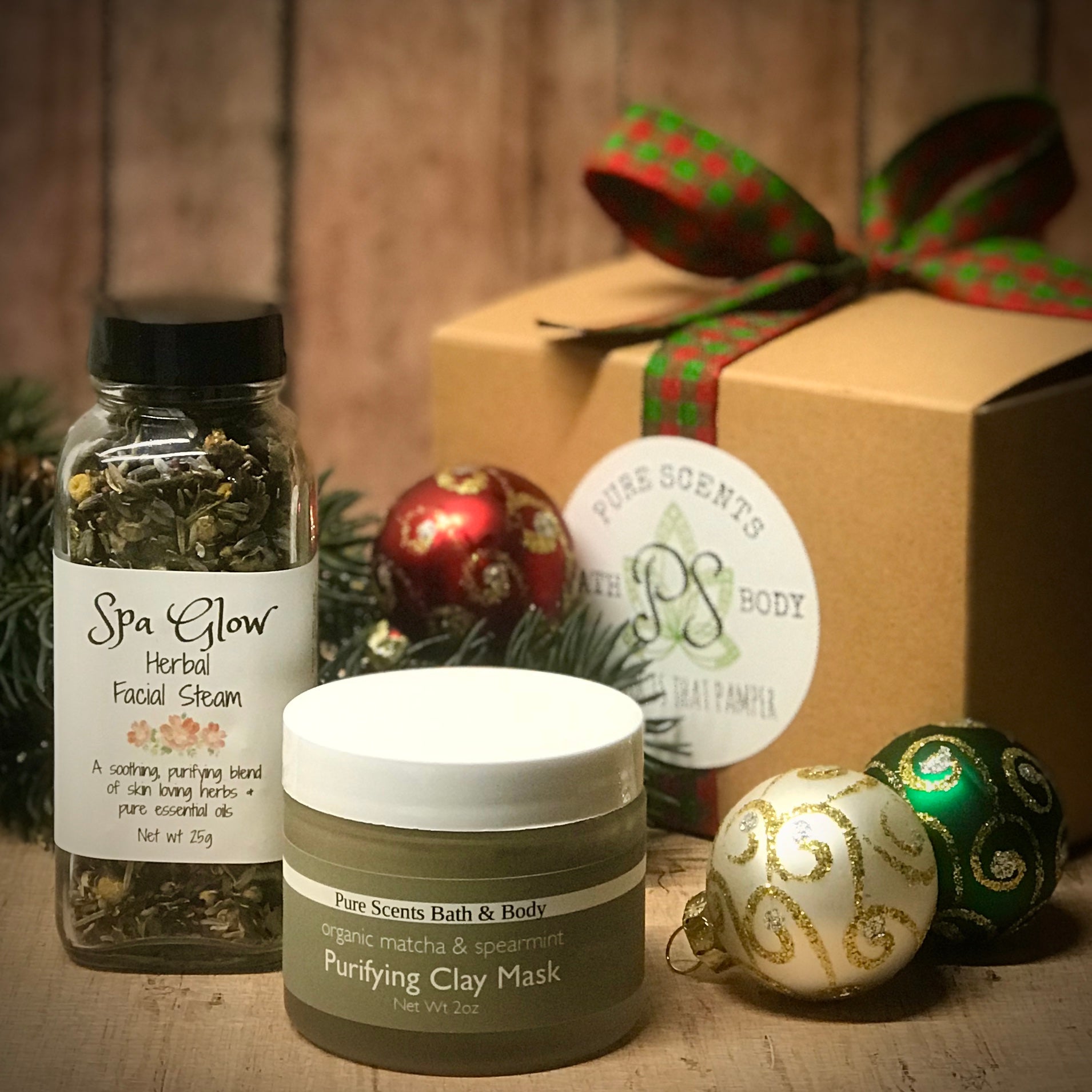 Herbal Dreams mini gift set with Spa Glow Herbal Facial Steam Treatment Organic Tea and Purifying Matcha Green Tea and Spearmint Clay Mask by Pure Scents Bath and Body