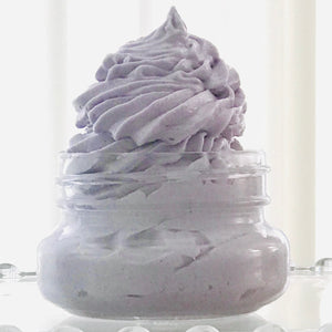 Glass jar of fluffy lavender whipped body butter. All natural and handmade by Pure Scents Bath and Body