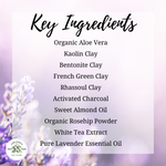 ingredient list for activated charcoal and lavender clay mask by pure scents bath and body
