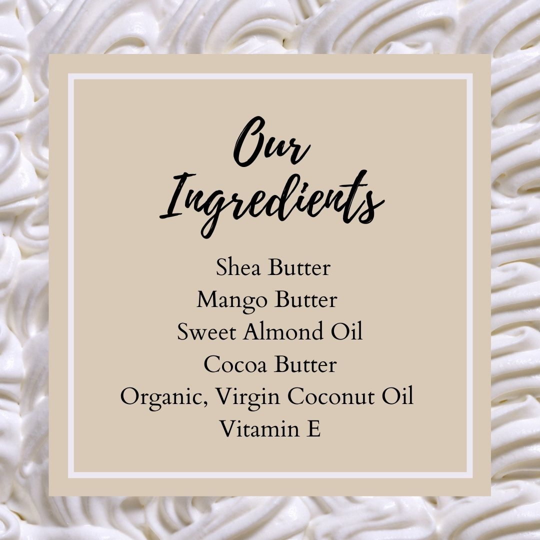 All natural ingredients for unscented, naked whipped body butter. Handmade by Pure Scents Bath and Body