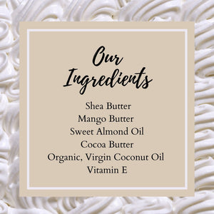 All natural ingredients for unscented, naked whipped body butter. Handmade by Pure Scents Bath and Body
